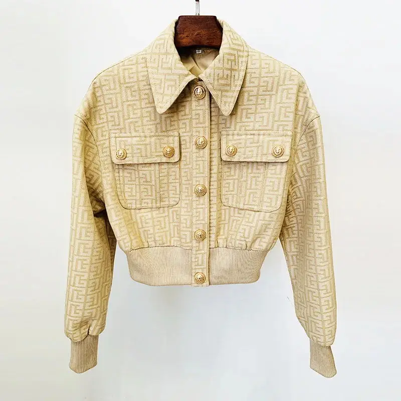

Pink Shorts Jacket Sets 2022 Summer Fashion New Gold Button Labyrinth Pattern Jacquard Slim Short Jacket Coat High Quality