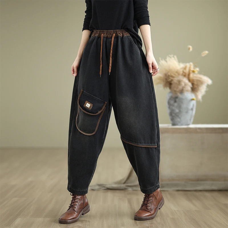 Retro Waed Fce Lined Denim Jeans Women's Loose Fit Harlan Pants Belted Casual Sle Winter Thiened Jeans