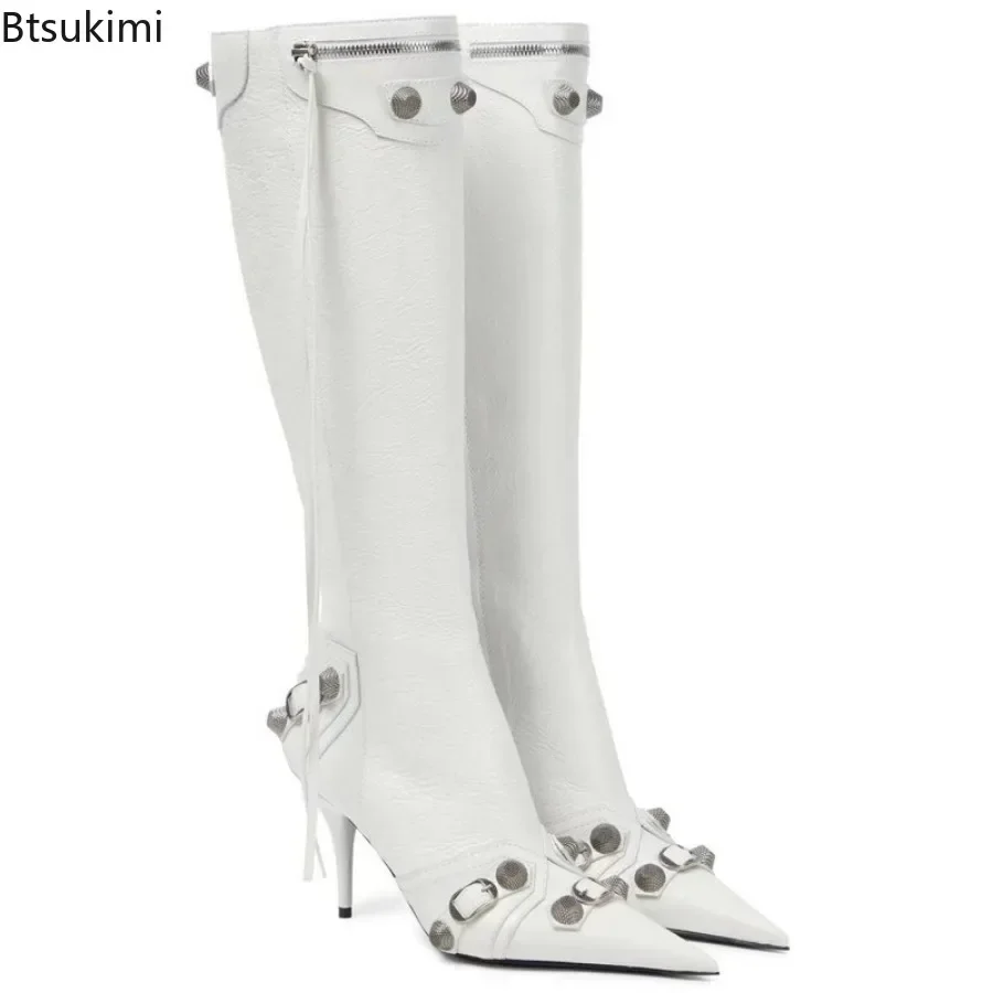 2024 Women's Sexy Knee High Leather Boots Autumn Winter Boots Female Super High Thin Heels with Rivet Retro Fashion Ladies Boots