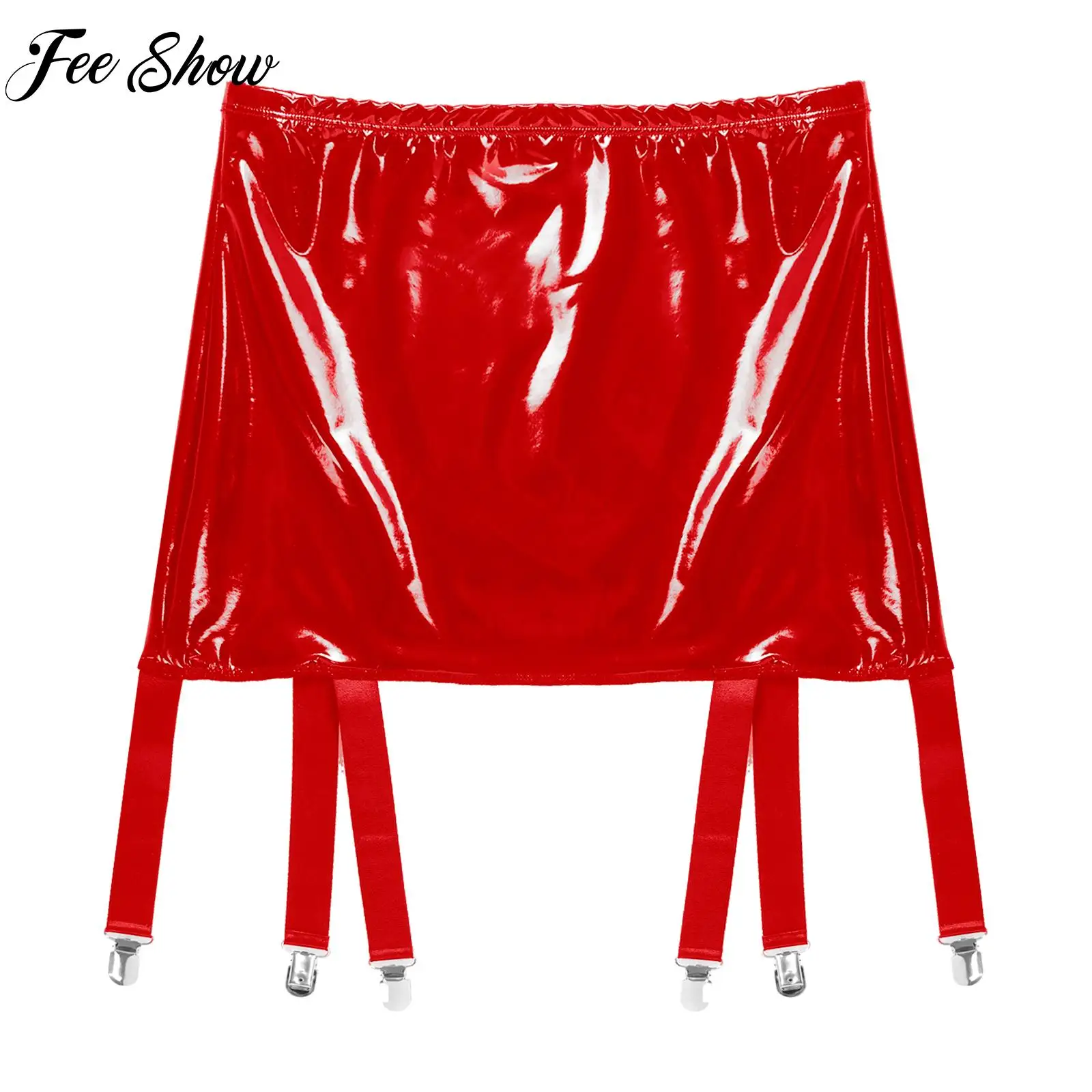 Womens Adult Wet Look Patent Leather Garter Belt Sexy High Waist Suspenders with Six Metal Buckle Clips for Birthday Party Gift