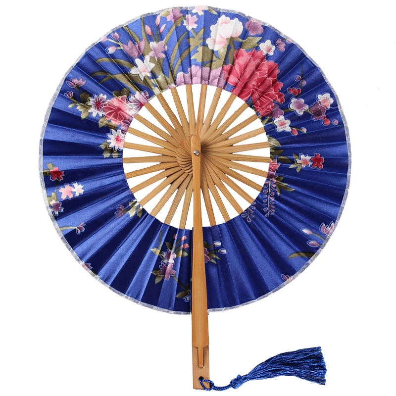 1pc Japanese Style Windmill Round Fans Bamboo Bone Folding Fans Sakura Silk Cloth Dance Fan Crafts Gift Grace Ink Flower folding fan,silk fans