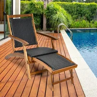 Patio Chaise Lounge Chair - Acacia Wood Folding Rattan Wicker Chair w/Retractable Footrest, Space-Saving Ergonomic 2