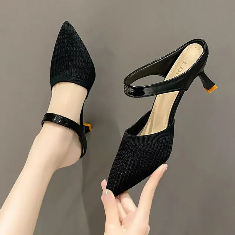 

Shoes Pointed Toe Women's Slippers and Ladies Sandals Heeled Slides Job Black Outside Mules Sexy Vip G Unique Original Sale 39 F