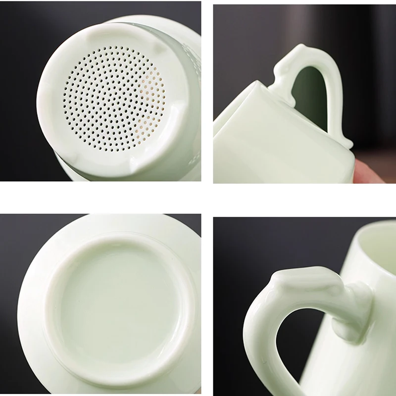 Chinese Style Tea Filtering and Separation Cups, With Cover White Porcelain Personal Mug, Home Drinkware Ceramic Office Cup, 1Pc