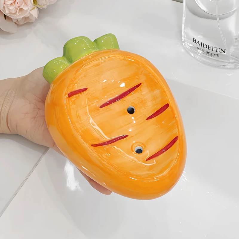 Ceramic Cute Cartoon Carrot Shaped Soap Dishes Storage Rack, Home Bathroom Supplies Creative Light Luxury Drain No Punching, 1Pc