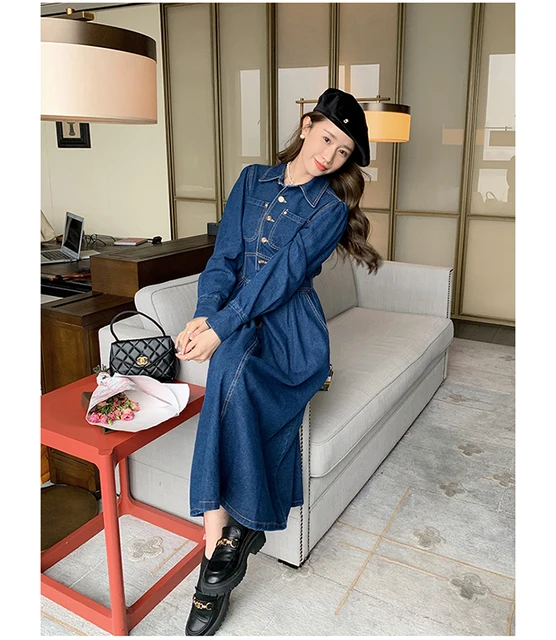 Vintage Denim Dress 2023 Spring Autumn Women Elegant Long Sleeve Lapel Slim  Casual French Style Shirt Maxi Dresses Girl 2821