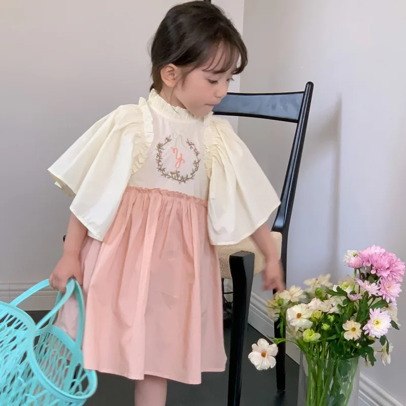 

Girls Dresses 2023 Summer New Korean Children Clothes Fashion Cotton Simple Flying Sleeve Toddler Embroidery Kids Princess Dress