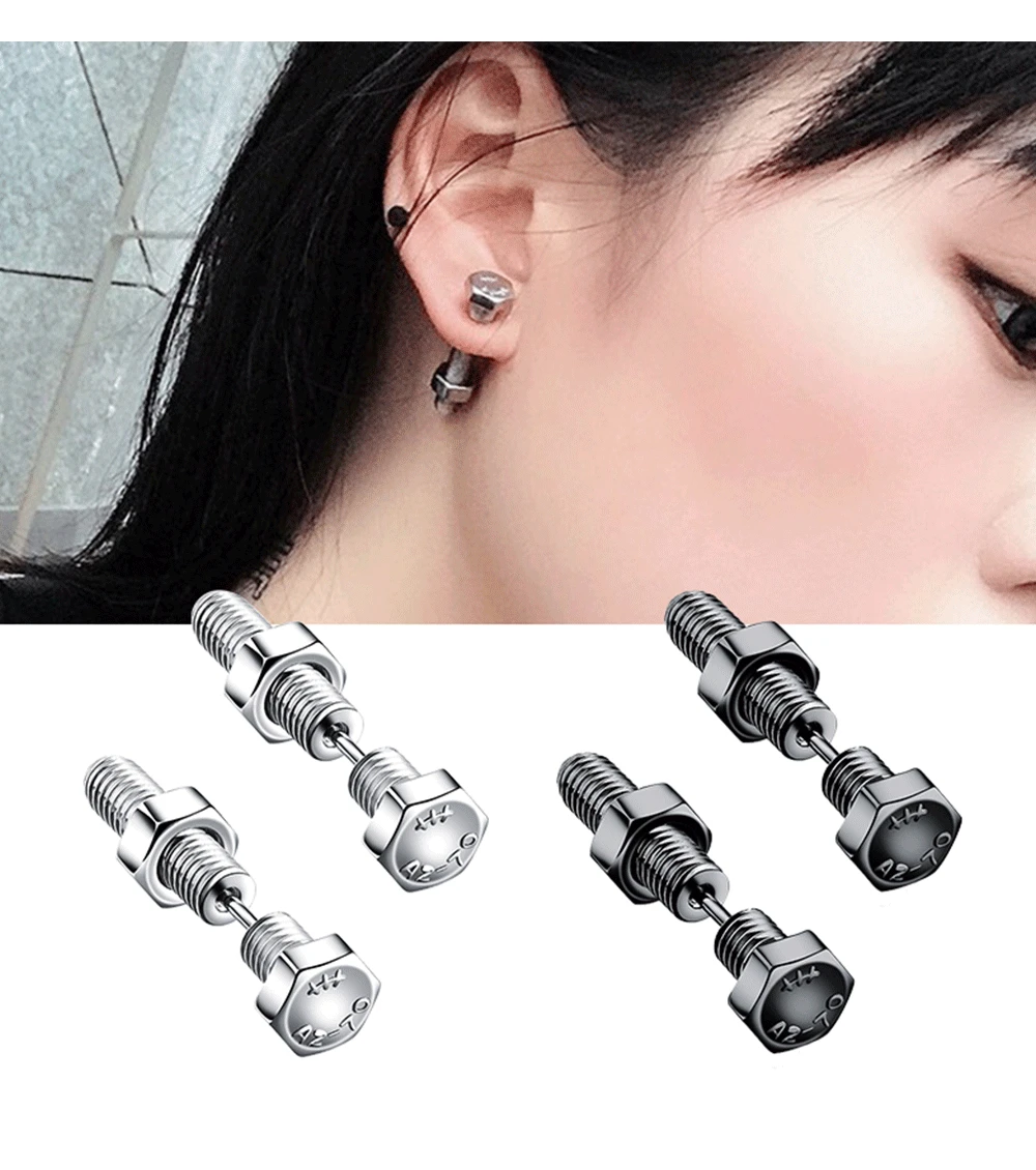 Black Stainless Steel Screw Stud Earrings Main View