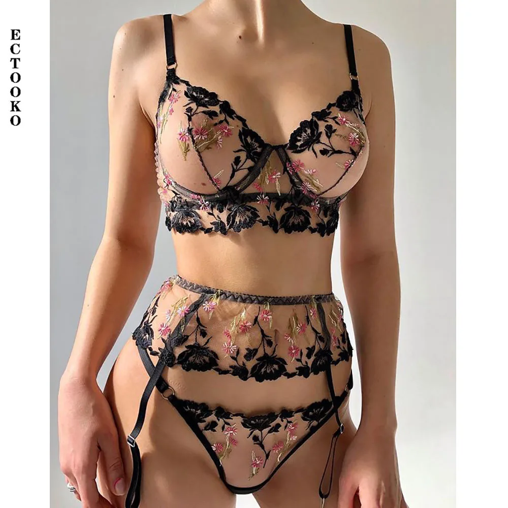 

ECTOOKO 2022 Embroidery Sexy Lingerie Women Thin Transparent Lace Push Up Bra Set See Through Underwear 3 Pieces
