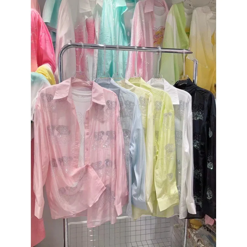 Cartoon Hot Drilling Polo Collar Long-Sleeved Shirt Women Summer Thin Sunscreen Shirt and Loose Casual Shorts Two-Piece Sets