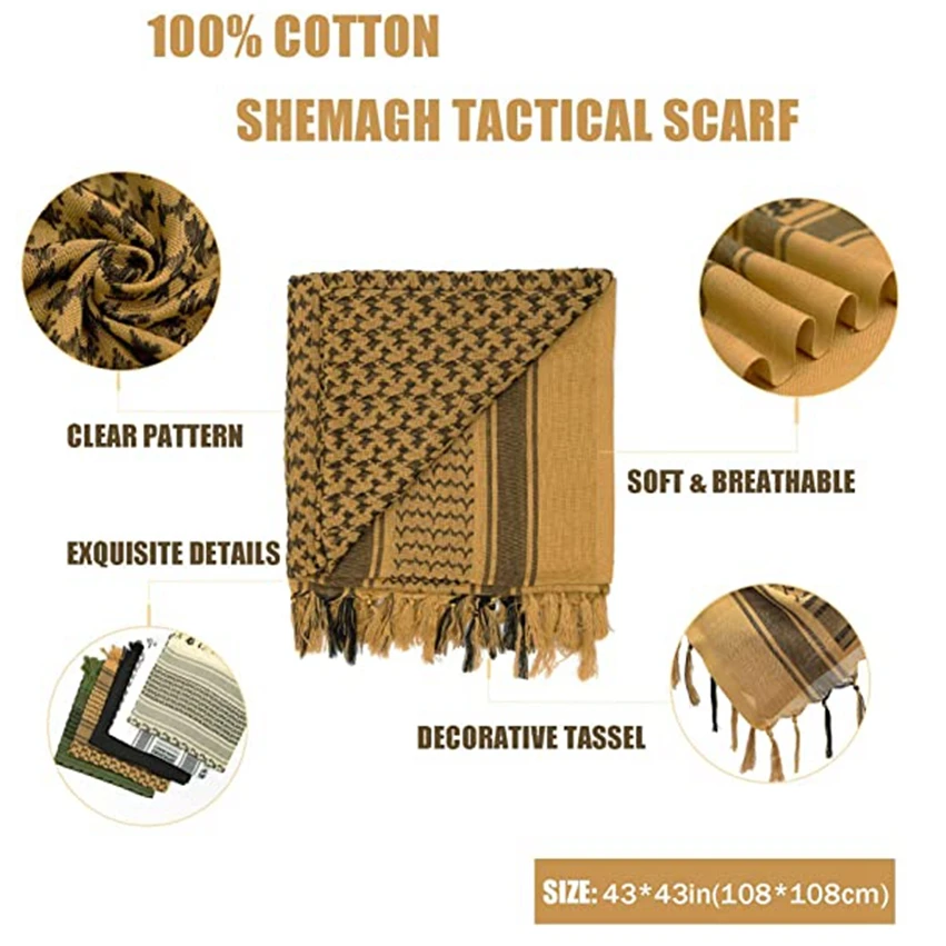 Cachecol Tactical Desert Keffiyeh para Homens e Mulheres, Envoltório de Cabeça e Pescoço com Borla, Envoltório Árabe, Shemagh, 43x43 polegadas