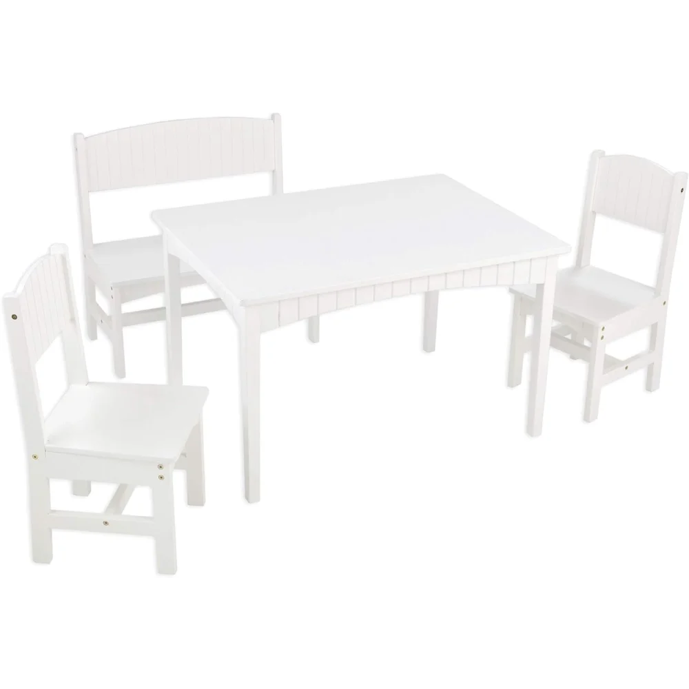 

Nantucket Wooden Table with Bench and 2 Chairs, Children's Furniture - White, Gift for Ages 3-8