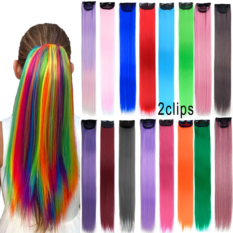 

Straight Rainbow 2 Clips In Hair Extensions Colored Hair Synthetic Clip-in HairPiece Flase Highlight Fake Clip on Hair For Gilrs