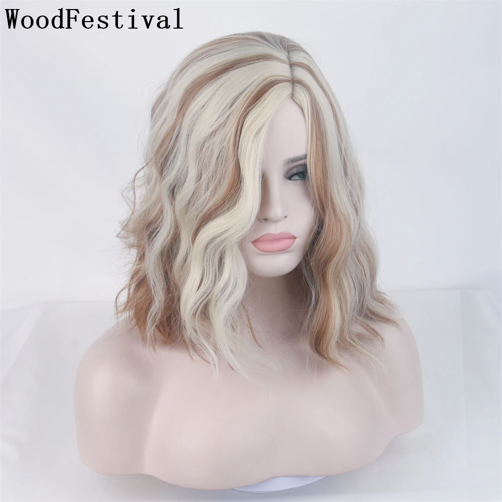 WoodFestival Synthetic Hair Short Length Wigs For Women Short Brown Mix Blonde Wig Cosplay Ombre Pink Purple Blue Black Wavy