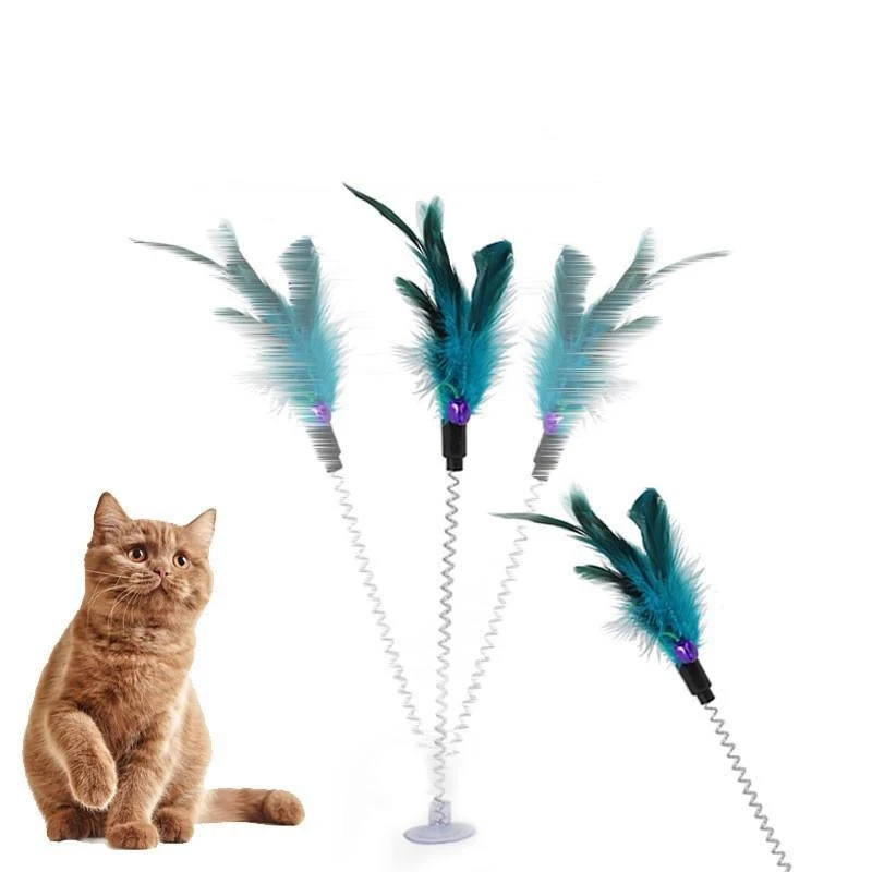Cat Interactive Toy with Sucker Spring Feather Plush Funny Kitten Pet Toys Random Color  аксесуари для котів 1