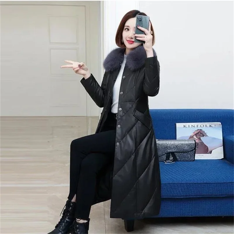 2024 Winter Women Faux Sheepskin Coat Down Cotton-padded Jacket Long Parkas Thicken Warm Outwear Female Leather A-Shape Overcoat
