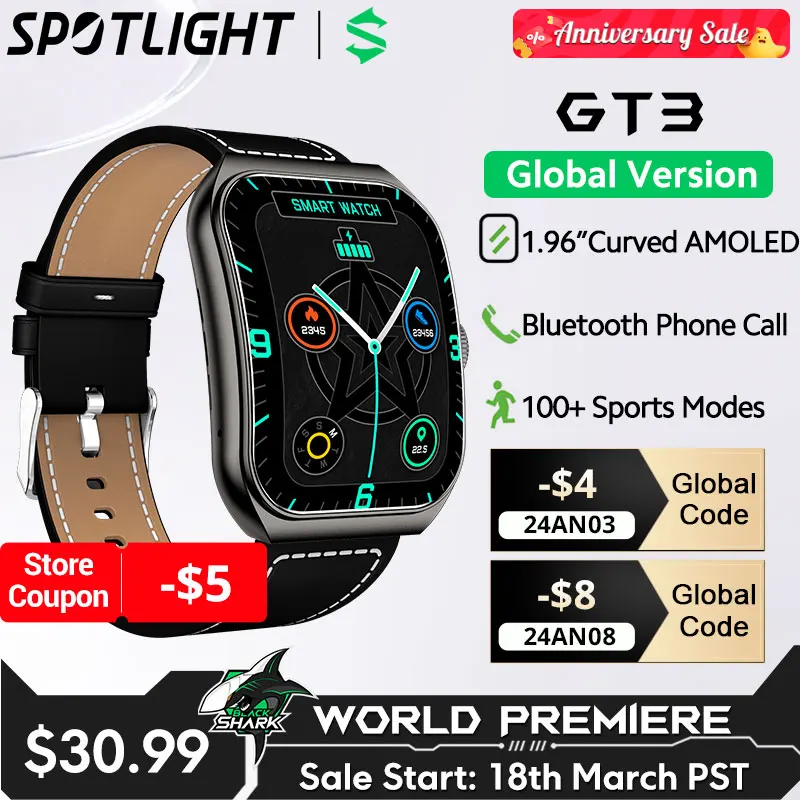 [World Premiere]Global Version BLACKSHARK GT3 Smart Watch 1.96'' Curved Amoled Display Support Bluetooth Call 100+ Sport Modes