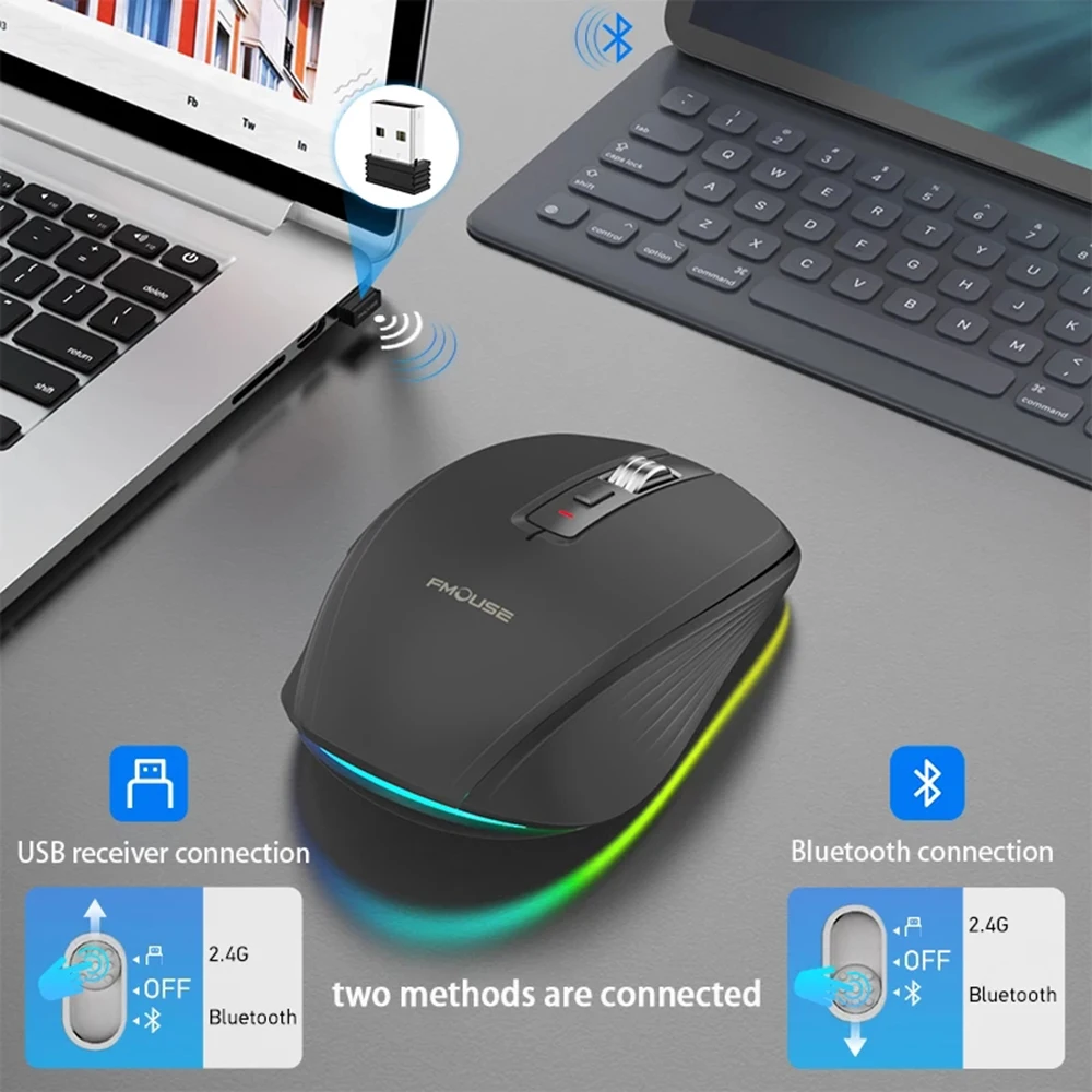 Dual Mode Rechargeable Wireless Bluetooth 2.4G Mouse RGB Mute Mouse For Windows Mac IOS Android Laptop Tablet  Phone PC