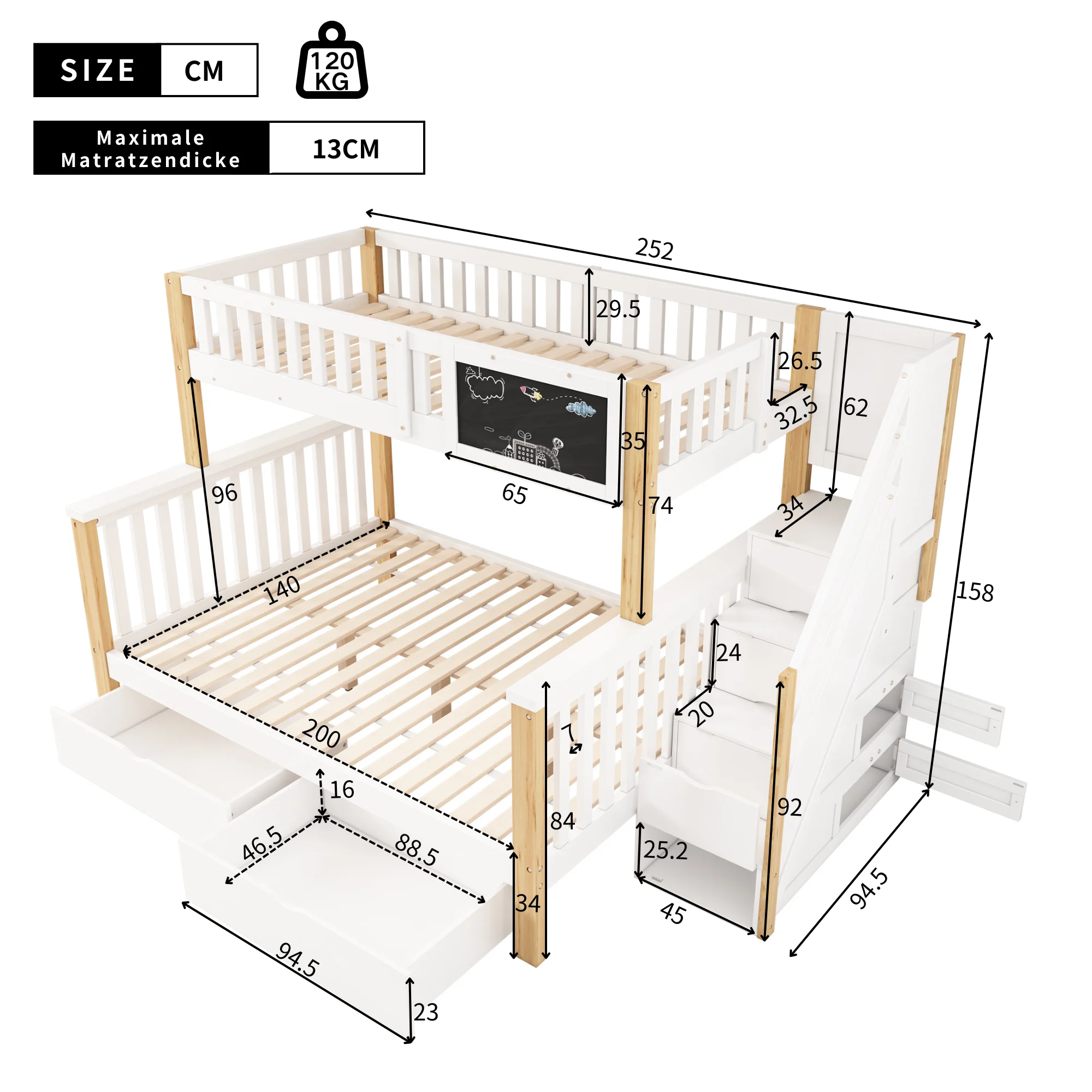 Multifunktionales Etagenbettgestell für Kinder, Doppelbett aus Holz, Kinderbett, mit Tisch und Schubladen, ohne Matratze, Weiß + helle Eiche – Detail 1