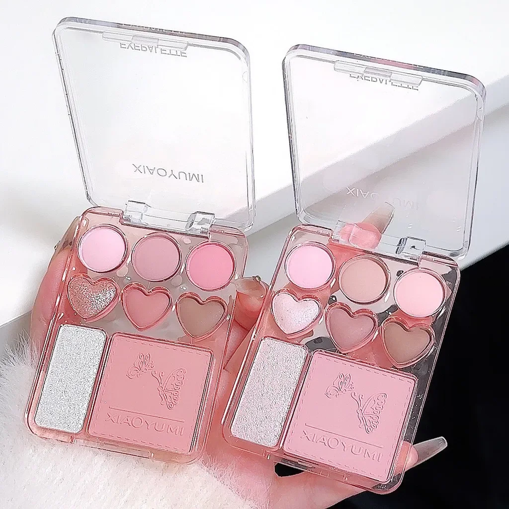 Heart-shaped 8-color eyeshadow tray with blush highlight - matte, glitter, high-gloss effect - pink, berry, brown, tone 6