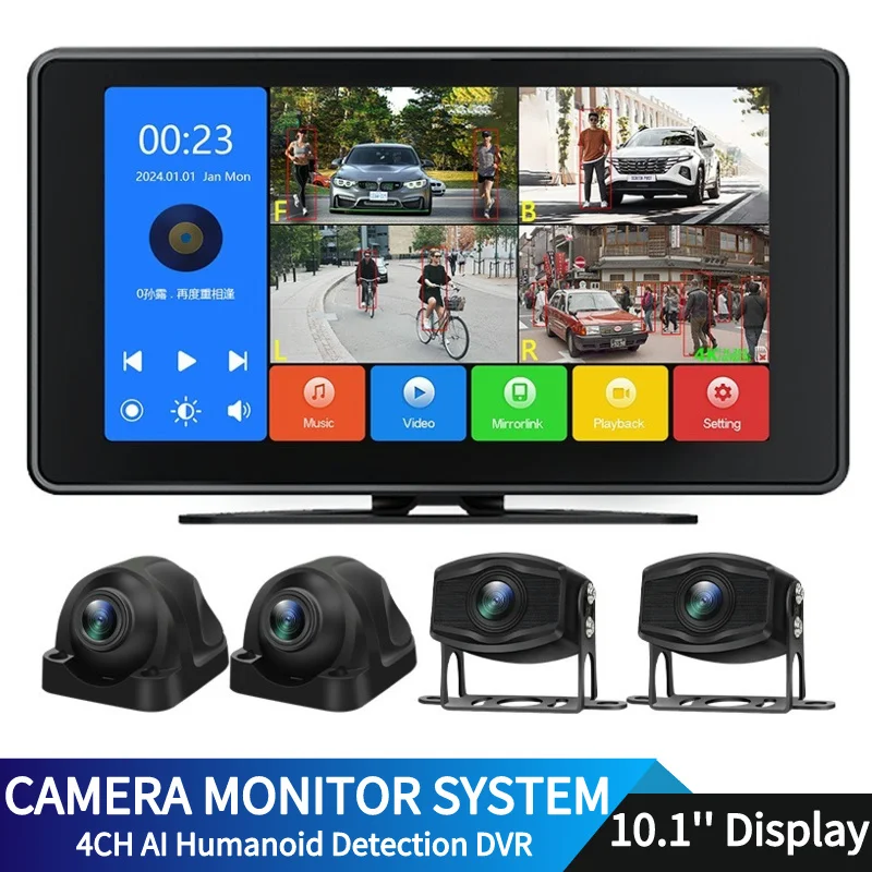 

10.1 Inch 1080P Touch Screen 4 Channels Split Ahd DVR Recorder Vehicle Camera Monitor AI Humanoid Detection system for Truck