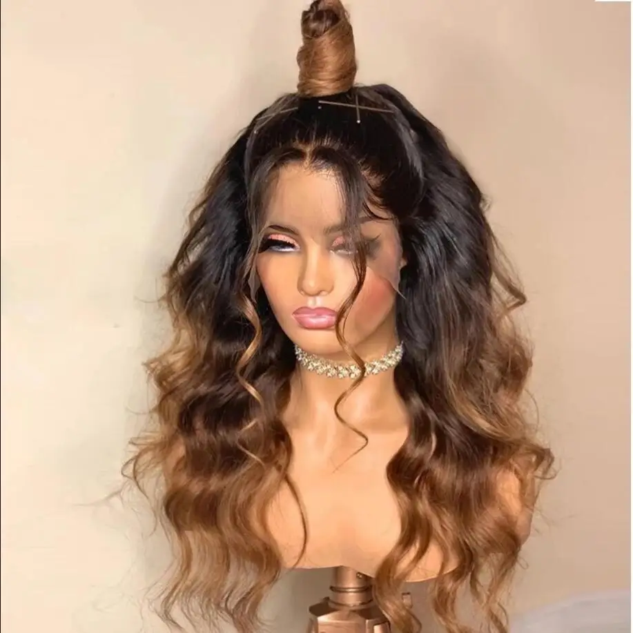 

Soft 26“Long 180%Density Glueless Ombre Honey Blonde Brown Body Wave Preplucked Lace Front Wig With BabyHair Daily Cosplay