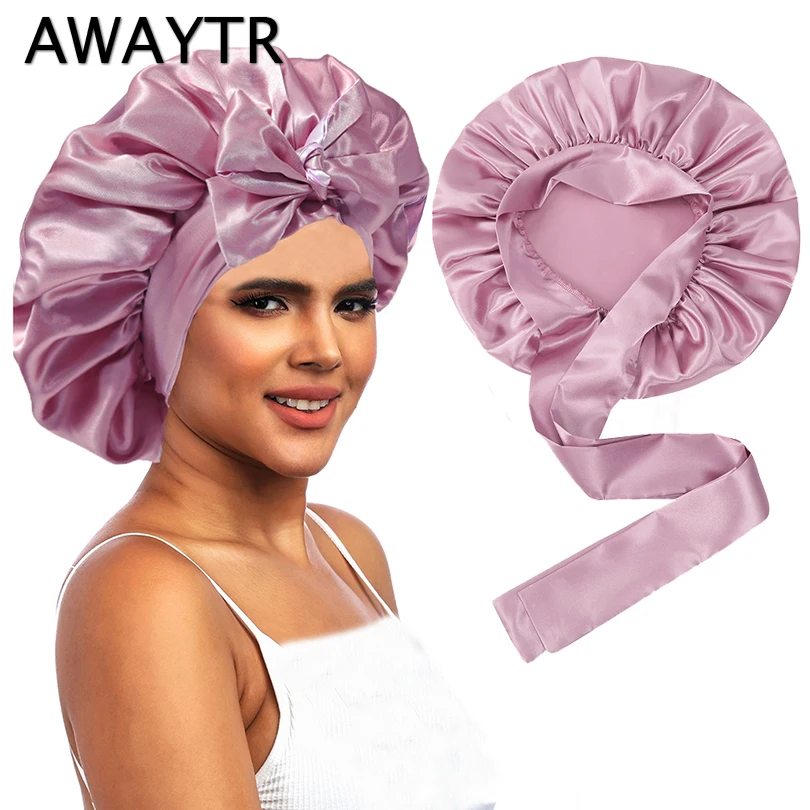 

New Double layer Satin Bonnet with Wide Stretch Ties Long Hair Care Women Night Sleep Hat Adjustable Hair Styling Cap Shower Cap