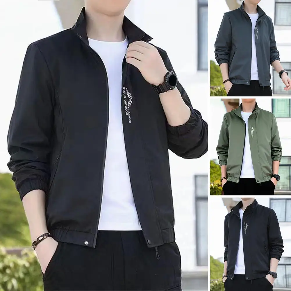 

Comfortable Casual Jacket Stylish Men's Embroidered Windbreaker Stand Collar Long Sleeve Slim Fit Jacket for Spring Autumn Solid