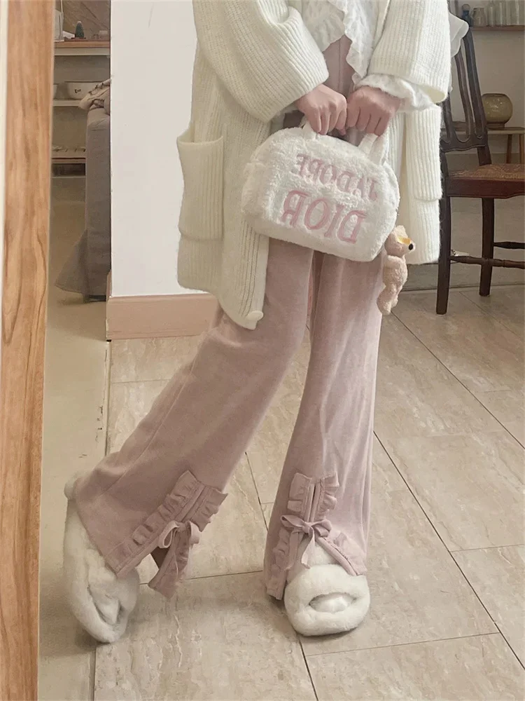 

Korean Sweet Cute Pink Pants Women Japanese Style Lolita Ruffles Beige Trousers Female Girly Elegant Wide Leg Pantalon
