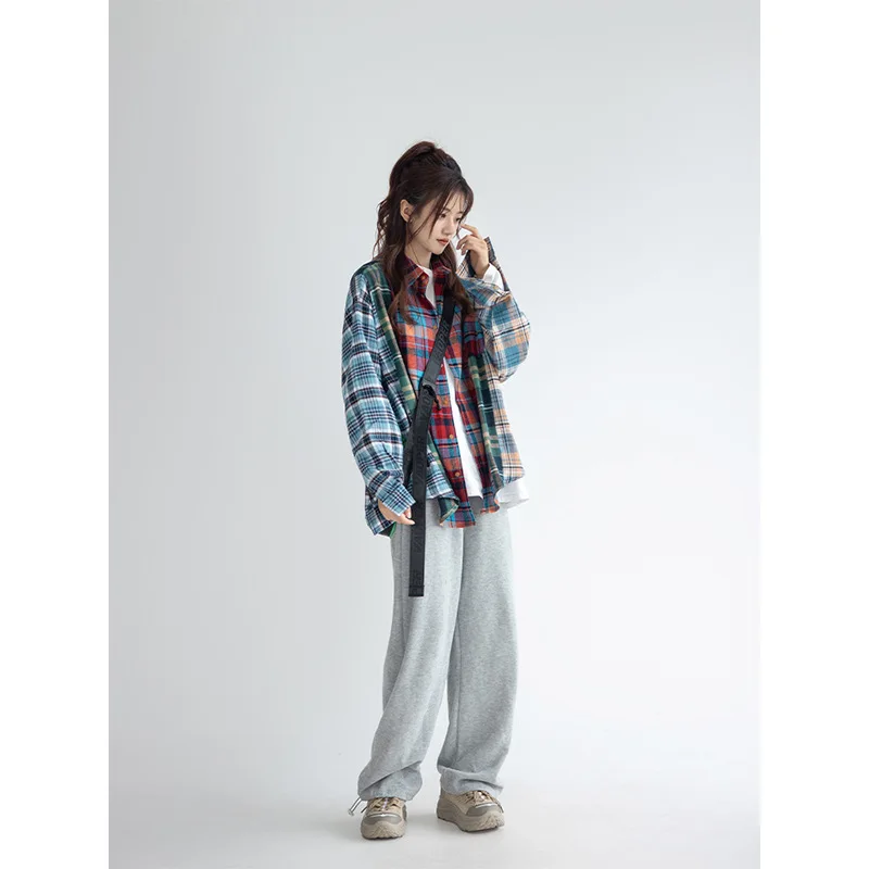 Plaid Shirts Women Contrast Color American Retro Nostalgic Baggy Slouchy Long Sleeve Streetwear All-match Ladies Clothing Autumn