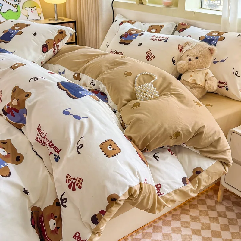 סט מצעים מפלנל כותנה שטוף, ארבעה חלקים, ללא כותנה, שלושה חלקים, ידידותי לאלרגיות, נושם, סופג לחות, לשימוש בכל עונות השנה