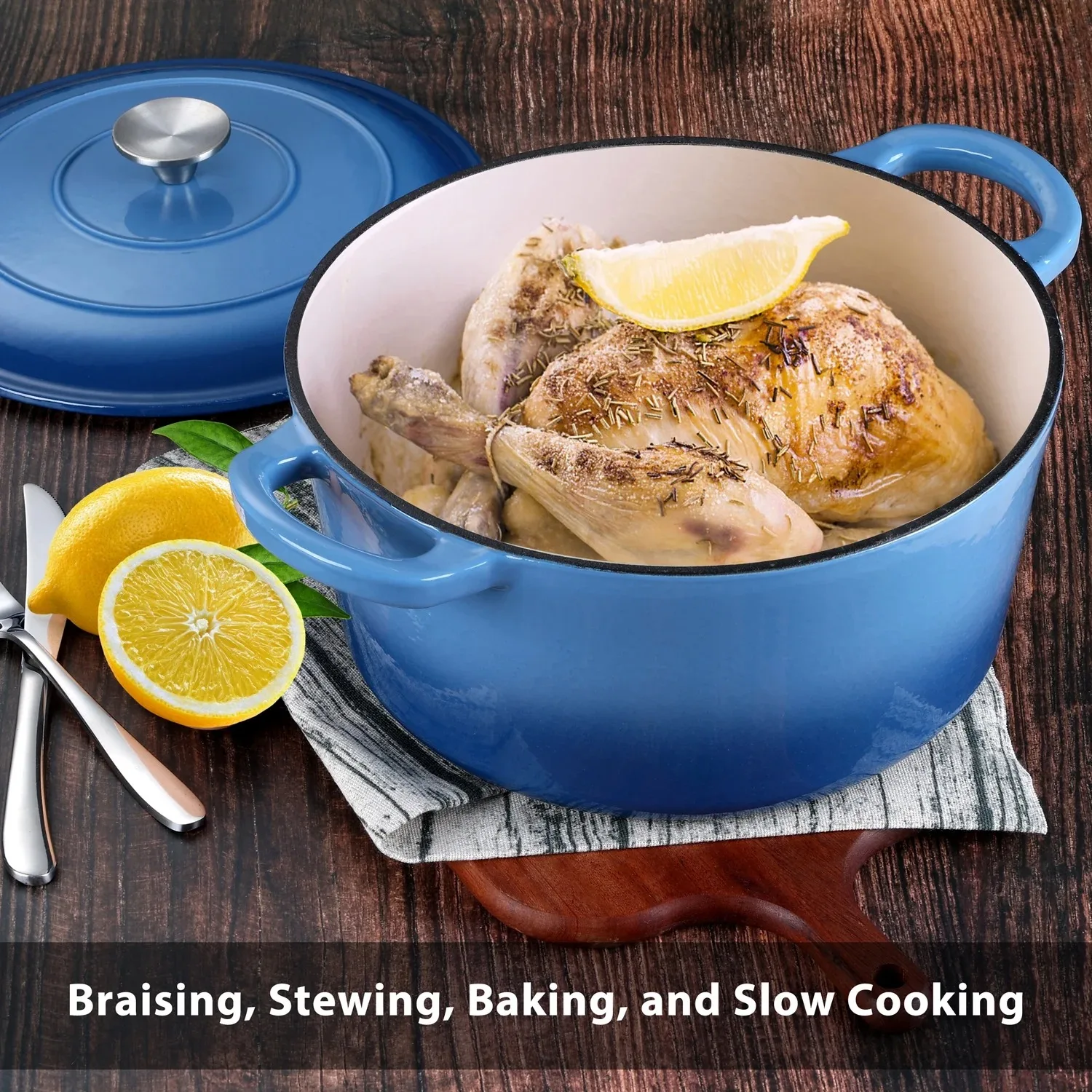 Description Picture 2 of item6 Quart Enameled Cast Iron Dutch Oven with Lid, Round Dutch Oven Pot with Dual Handles for Bread Baking Stewing Roasting Blue