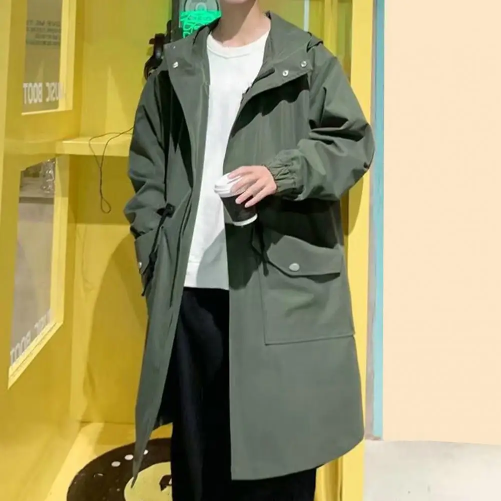 Wrinkle-resistant Men Jacket Streetwear Men's Trench Coat with Hood Big Pockets Windproof Design Mid Length Solid Color for Men
