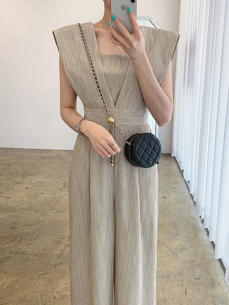 

Korean Chic Jumpsuit Women Summer Temperament Elegant and Thin Square Neck Design Slim Waist Casual Wide Leg Trousers Clothing
