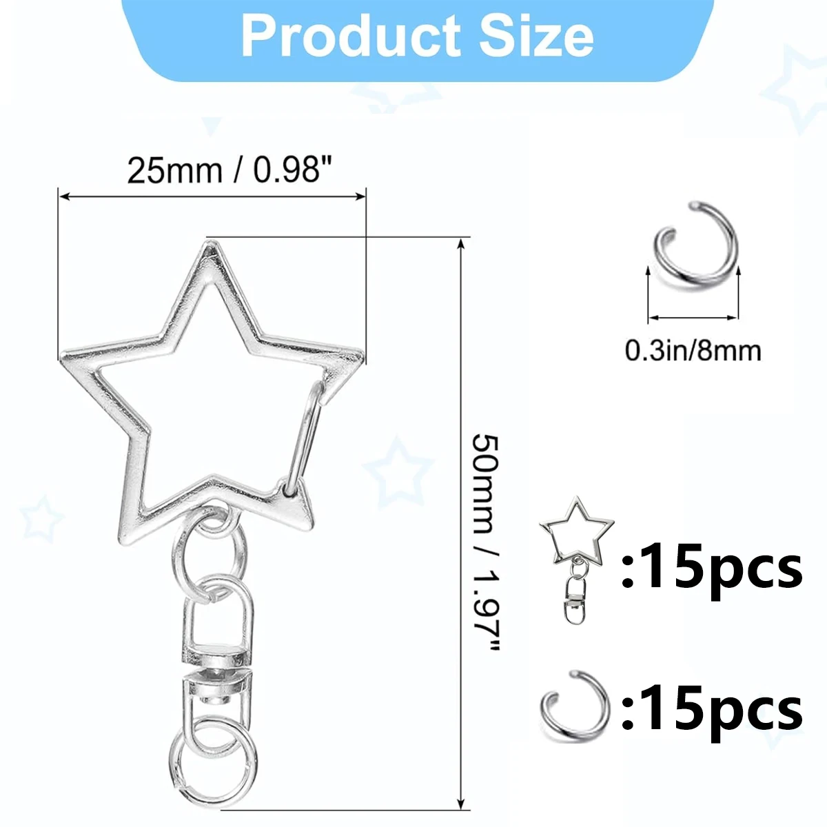Star-shaped Spring Clip Keychain Holders Keychains Small Rings for DIY Handmade Keychain Decoration Making 15 Sets