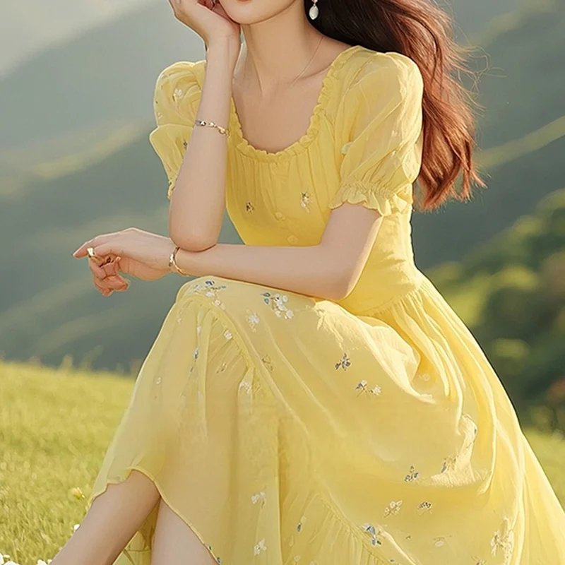 Novedad de verano 2025, vestido largo amarillo Floral de estilo