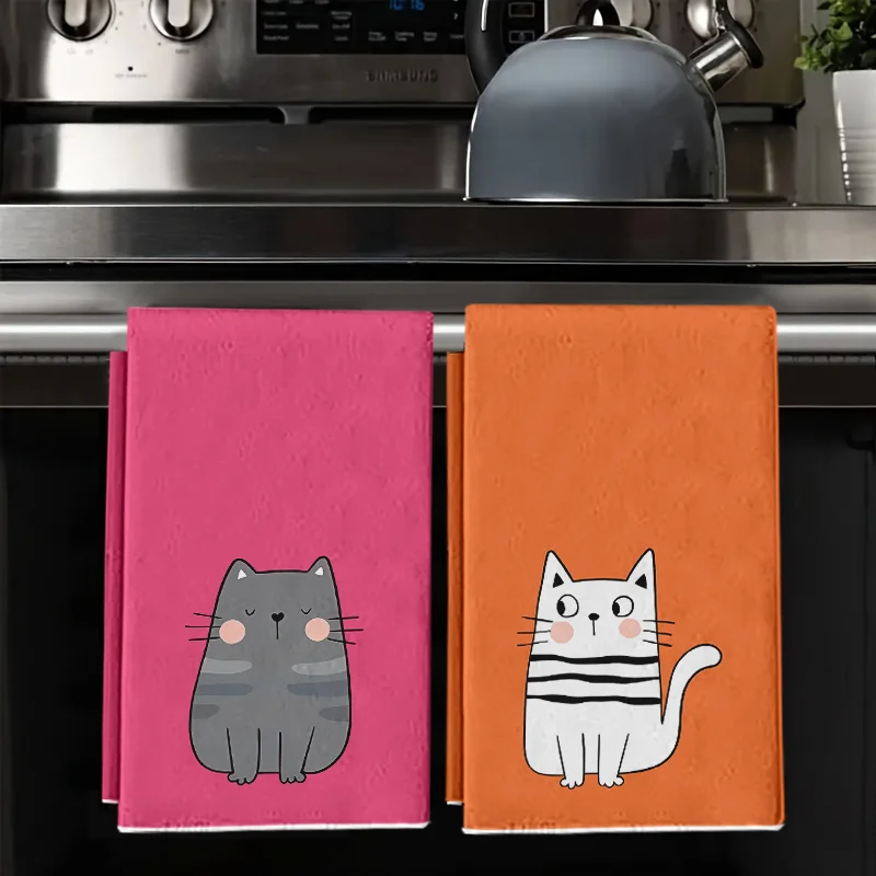 2 יחידות, מגבות למטבח בצבע ורוד וכתום עם דמות חתול קווירקי, סט מגבות, בד ניקוי רך וסופגני, מגבת תה לבישול ואפייה, מגבת תה, מגבת יד, מגבת ניקוי, מגבת כלים, קישוט למטבח, קישוט לסלון, חיוניות למטבח, חיוניות לבית