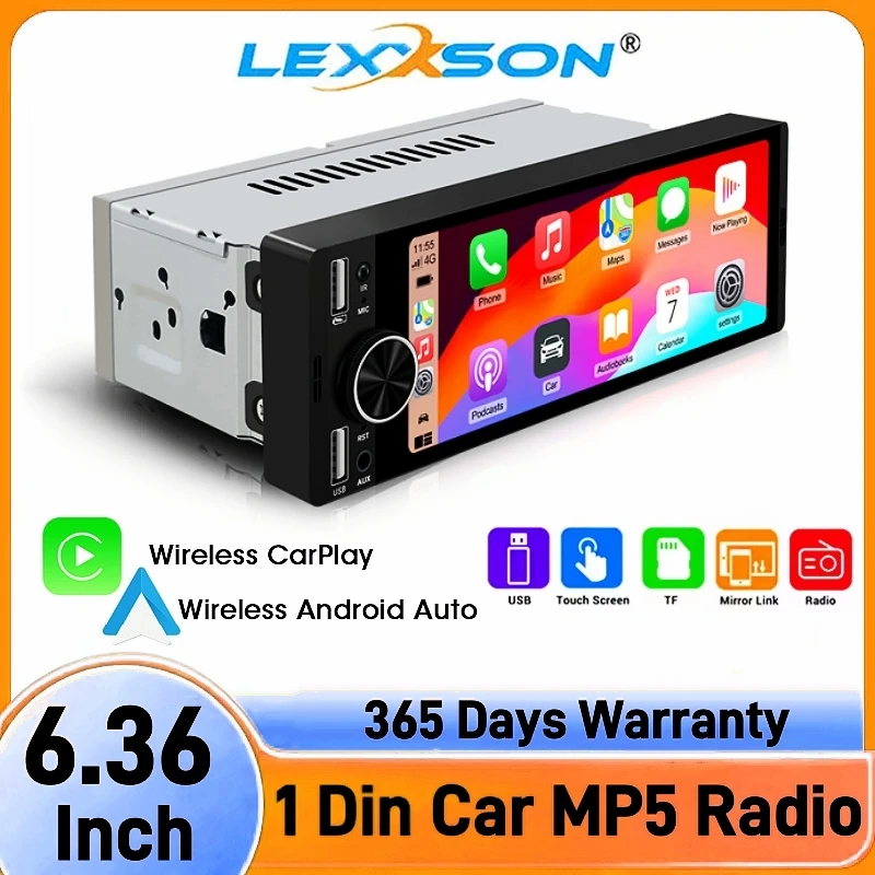 Radio de Coche Universal 1DIN MP5 de 6.36 Pulgadas, Compatible con Carplay Inalámbrico, Android AUTO, AUX, USB, SWC, BT, Pantalla Táctil, Reproductor Multimedia de Video 1
