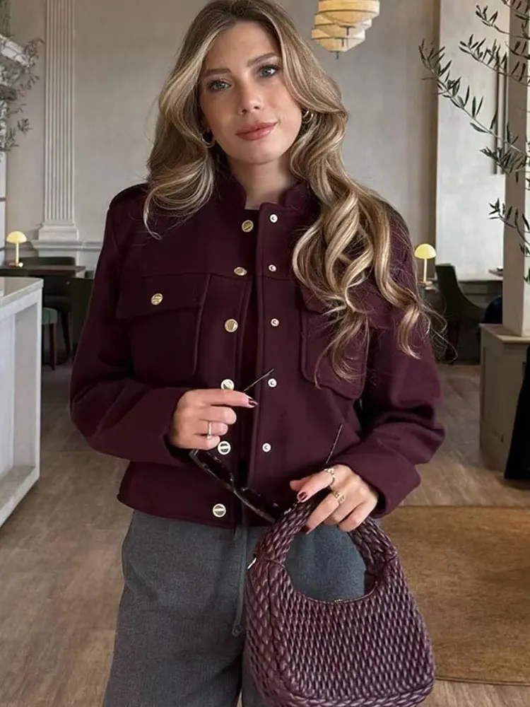 HH Women Vintage Wine Red Coat O Neck Long Sleeve Single Breasted Jacket With Pockets Autumn Casual Office Lady Outerwear