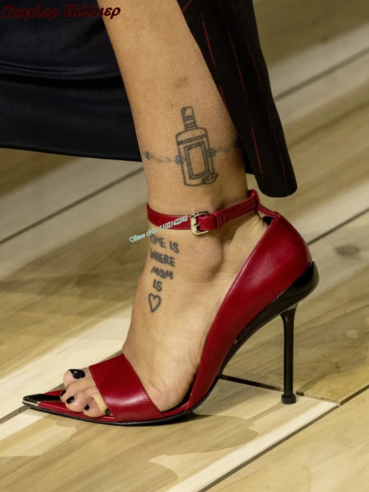 

Sexy Red High Heels Pointed Toe Open Toe Stiletto Heel Buckle Strap Summer Sandals Fashion Catwalk Genuine Leather Women'S Shoes