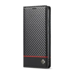 Premium Business Flip Leather Wallet Phone Case with Carbon Fiber Card Slot Cover - Google Pixel 10 Pro XL (Red --)