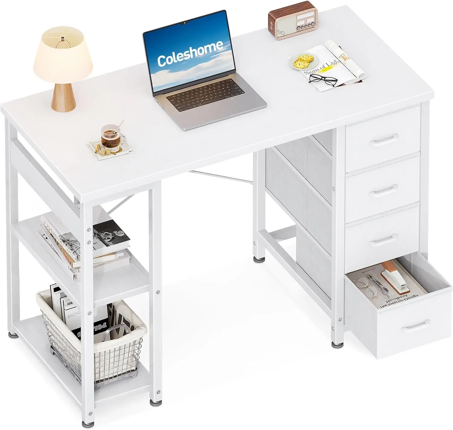 Coleshome Petit bureau avec 4 tiroirs, bureau 100x40cm avec espace de rangement, table d'ordinateur réversible avec étagères blanc