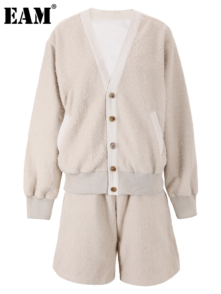 

[EAM] Apricot Jacket Thick Warm Wide Leg Shorts Two Piece Suit New V-Neck Fit Women Fashion Tide Autumn Winter 2024 CPG0480
