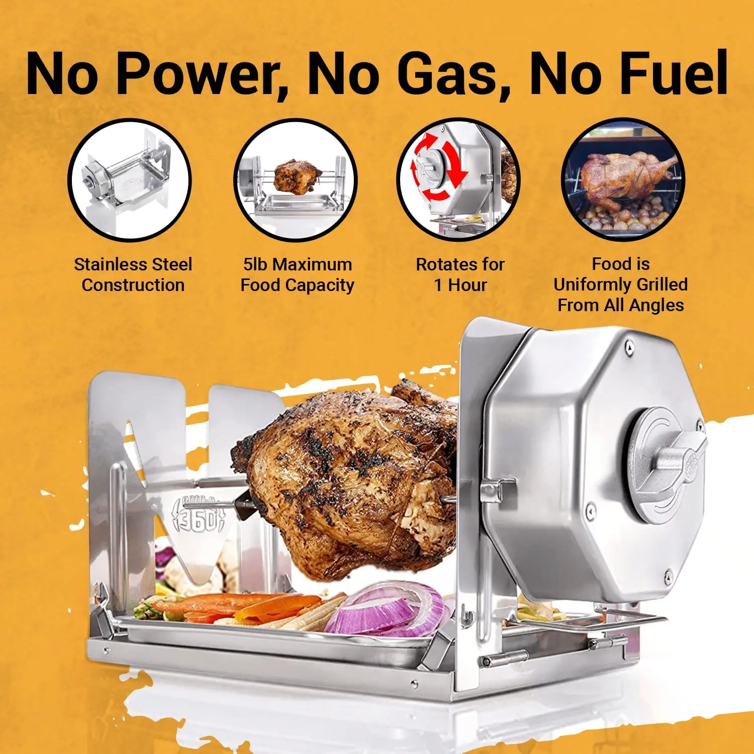 Rotisserie Kit for Grills, Ovens, Smokers - Stainless Steel - Non-Electric Spit Roaster - Gas/Charcoal BBQ 3