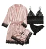 Ensemble pyjama en satin 4 pièces avec robe – Haut de pyjama à bretelles et short avec bordure en dentelle, le pyjama élégant incontournable pour femme