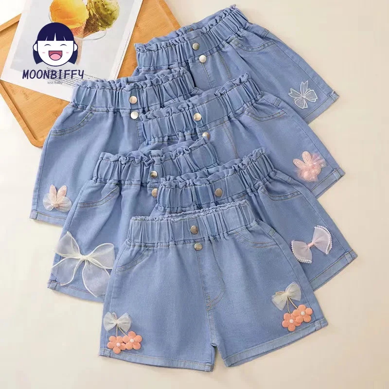 Kids Shorts Girls Denim Shorts Summer Cartoon Fashion Cute Floral Lace All-match Children's Pants Girls Denim Teenagers
