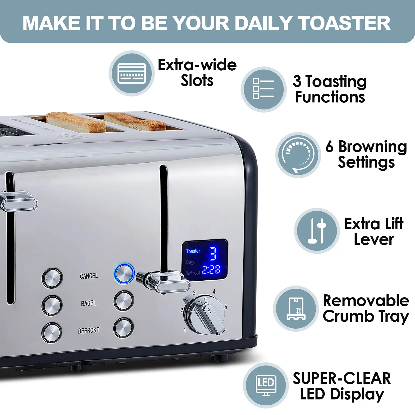 4 Stainless Steel Toaster,LED Display & Extra Wide Slots,6 Shade Settings,Cancel/Bagel/Defrost Function,Removable Crumb Tray 2