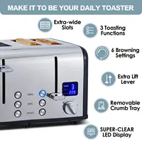 4 Stainless Steel Toaster,LED Display & Extra Wide Slots,6 Shade Settings,Cancel/Bagel/Defrost Function,Removable Crumb Tray 2