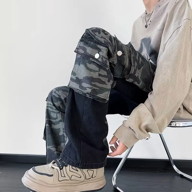 Y2K Men Techwear Streetwear Camouflage Patchwork Black Baggy Jeans Pocket Cargo Pants Man Women Denim Trousers Pantalones Hombre