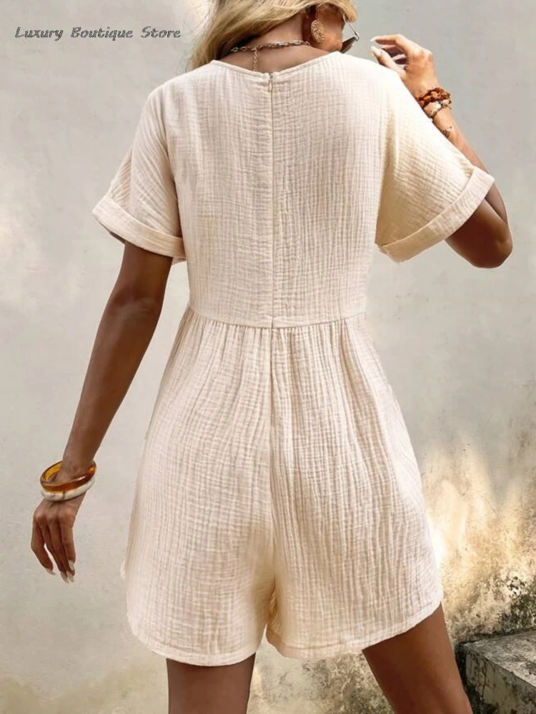 2024 Summer V-neck Loose Solid Casual Paysuit Women Cotton Blend Short Sleeve Double Pocket Homewear Outwear One Piece Shorts